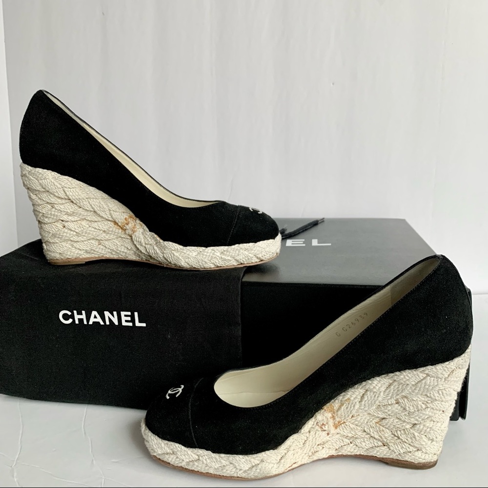 💎✨Gorgeous✨💎 Chanel Black Suede Leather Cap Toe Espadrille Wedges Authentic! - Picture 4 of 9